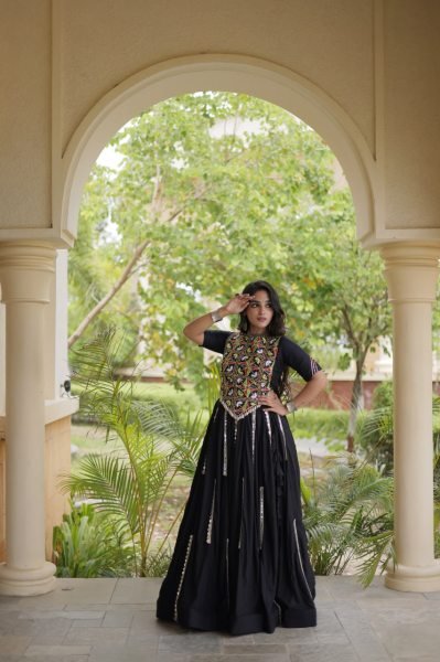 Black Navratri 2026 Rayon Lehenga Choli with Multi Mirror Lace Work at Bulk Stock Available Navratri Lehnega Choli