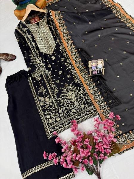 Black Pakistani Embroidered GMY Silk Kurti Plazzo Dupatta Set For Partywear Ready To Wear Collection