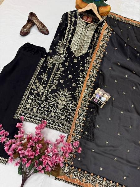 Black Pakistani Embroidered GMY Silk Kurti Plazzo Dupatta Set For Partywear Ready To Wear Collection