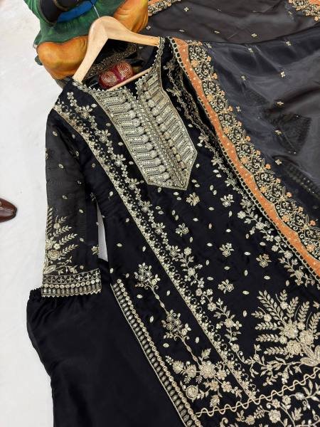 Black Pakistani Embroidered GMY Silk Kurti Plazzo Dupatta Set For Partywear Ready To Wear Collection