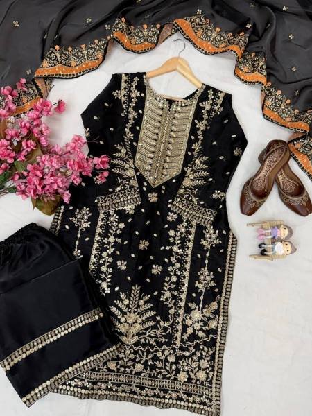 Black Pakistani Embroidered GMY Silk Kurti Plazzo Dupatta Set For Partywear Ready To Wear Collection