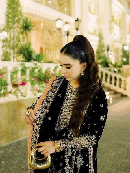 Black Pakistani Embroidered GMY Silk Kurti Plazzo Dupatta Set For Partywear Ready To Wear Collection