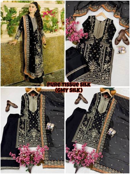 Black Pakistani Embroidered GMY Silk Kurti Plazzo Dupatta Set For Partywear Ready To Wear Collection