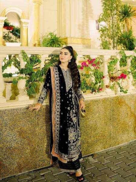 Black Pakistani Embroidered GMY Silk Kurti Plazzo Dupatta Set For Partywear Ready To Wear Collection