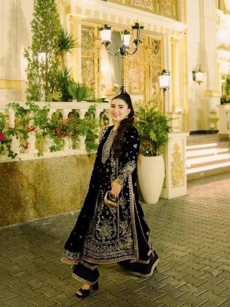 Black Pakistani Embroidered GMY Silk Kurti Plazzo Dupatta Set For Partywear Ready To Wear Collection