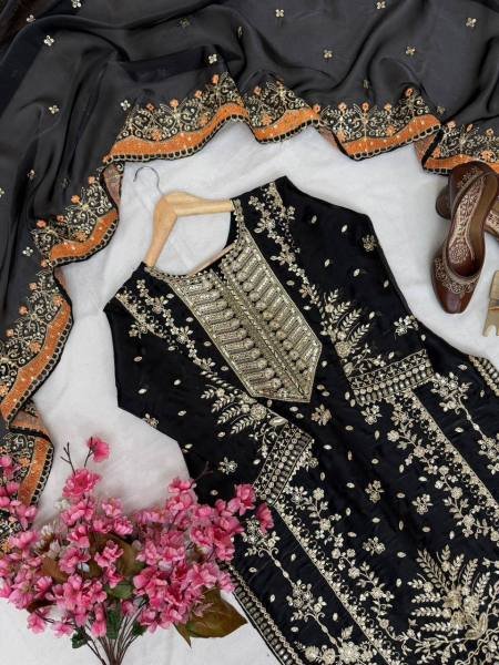 Black Pakistani Embroidered GMY Silk Kurti Plazzo Dupatta Set For Partywear Ready To Wear Collection