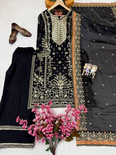 Black Pakistani Embroidered GMY Silk Kurti Plazzo Dupatta Set For Partywear Ready To Wear Collection