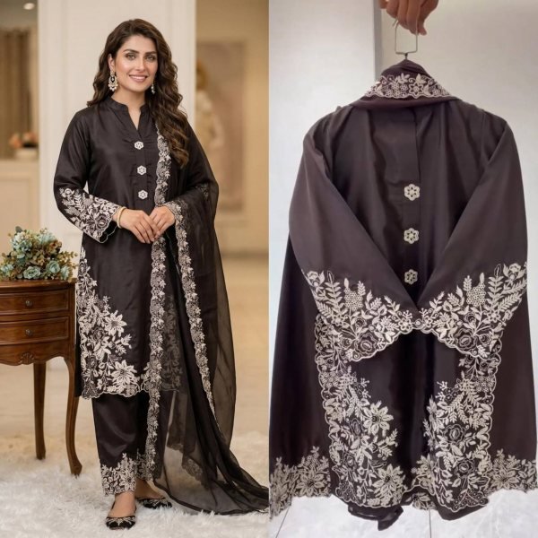  Black Pakistani-Style Embroidered Suit Set With Dupatta for Special Occasions  Ready To Wear Collection