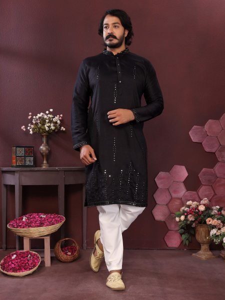 Black Party Wear Men's Smart Silk Kurta Pajama with Elegant Mirror Embroidery 