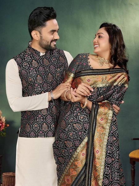 Black Partywear Couple Combo Mens Kurta Pajama with Jacquard Silk Jacket   Womens Jacquard Saree Couple Combo collection 