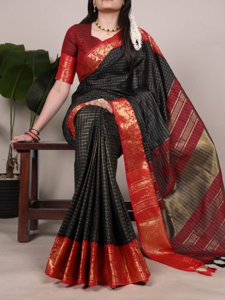 Black Poly Cotton Chex Saree with Red Zari Border Perfect for Weddings Sarees 