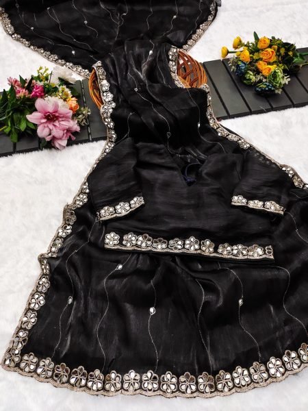 Black Poly Embroidered Saree with Mirror Work & Ethnic Motifs Perfect for Festive Gifting Embroidery Sarees Wholesale