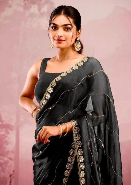 Black Poly Embroidered Saree with Mirror Work & Ethnic Motifs Perfect for Festive Gifting Embroidery Sarees Wholesale