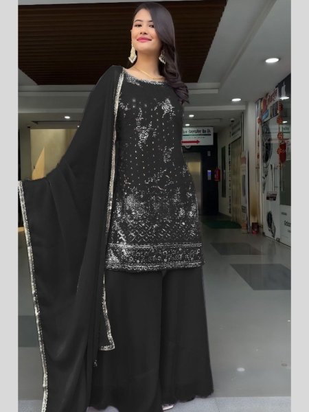 Black Premium Heavy Georgette Palazzo Suit Set with Lace Dupatta Classic Festive Look Ready To Wear Suit