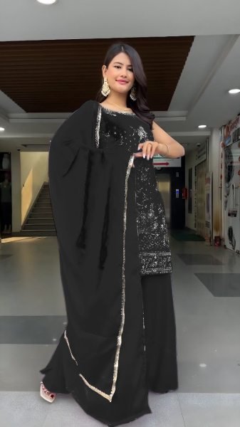 Black Premium Heavy Georgette Palazzo Suit Set with Lace Dupatta Classic Festive Look Ready To Wear Collection