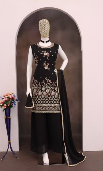 Black Premium Heavy Georgette Palazzo Suit Set with Lace Dupatta Classic Festive Look Ready To Wear Collection