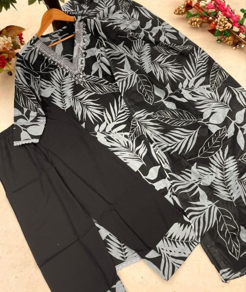 Black Printed Cotton Kurti Set With Embroidery Handwork For Festivals Printed Kurtis