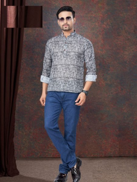 Black Printed Linen Kurta for Men Smart Casual Style Mens Wear