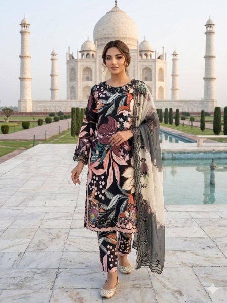 Black Printed Maslin Embroidered Suit with Cutwork Dupatta for Summer Wear 