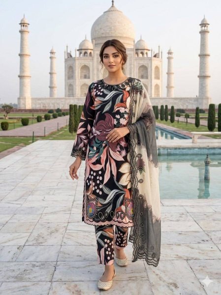 Black Printed Maslin Embroidered Suit with Cutwork Dupatta for Summer Wear Printed Kurtis