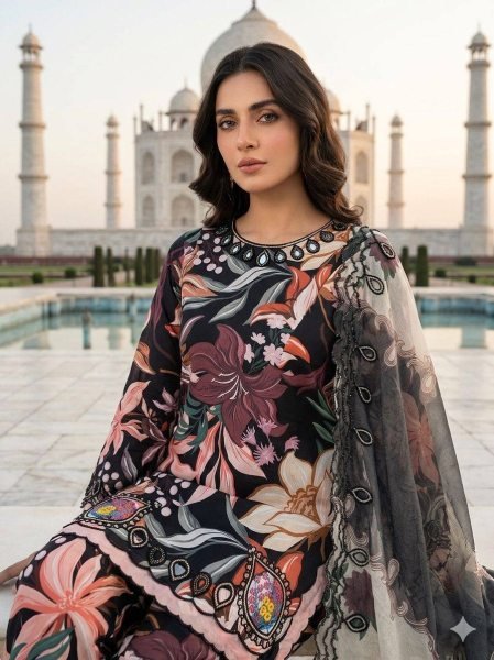 Black Printed Maslin Embroidered Suit with Cutwork Dupatta for Summer Wear Printed Kurtis
