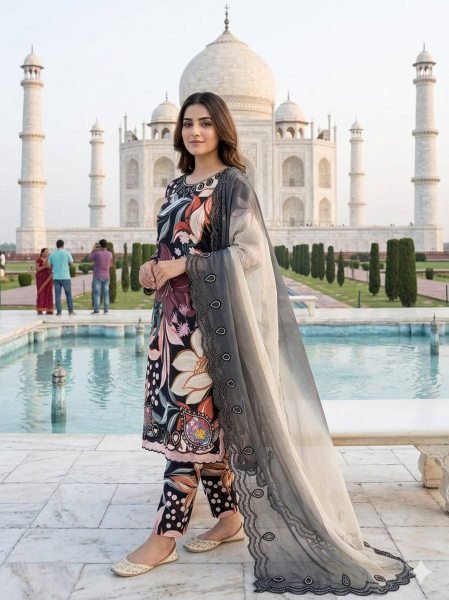 Black Printed Maslin Embroidered Suit with Cutwork Dupatta for Summer Wear Printed Kurtis