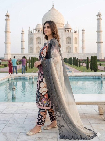 Black Printed Maslin Embroidered Suit with Cutwork Dupatta for Summer Wear Printed Kurtis