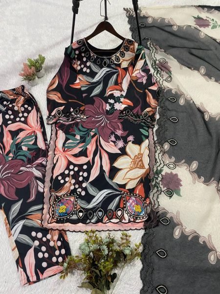 Black Printed Maslin Embroidered Suit with Cutwork Dupatta for Summer Wear Printed Kurtis