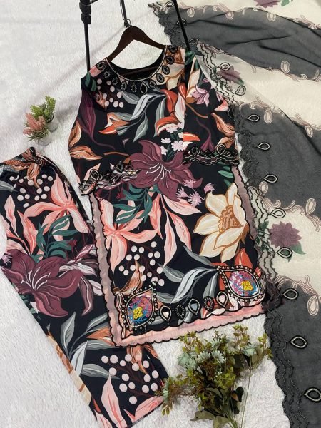 Black Printed Maslin Embroidered Suit with Cutwork Dupatta for Summer Wear Printed Kurtis