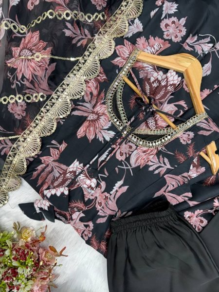 Black Pure Muslin Floral Print Gown Set with Organza Dupatta and Cotton Pant Ready To Wear Collection