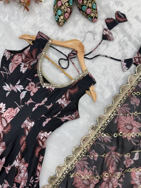 Black Pure Muslin Floral Print Gown Set with Organza Dupatta and Cotton Pant Ready To Wear Collection