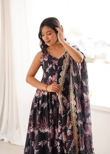 Black Pure Muslin Floral Print Gown Set with Organza Dupatta and Cotton Pant Ready To Wear Collection