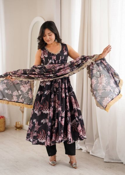 Black Pure Muslin Floral Print Gown Set with Organza Dupatta and Cotton Pant Ready To Wear Collection