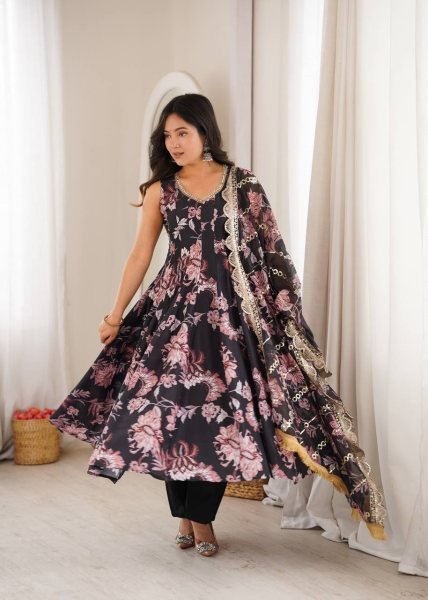 Black Pure Muslin Floral Print Gown Set with Organza Dupatta and Cotton Pant Ready To Wear Collection