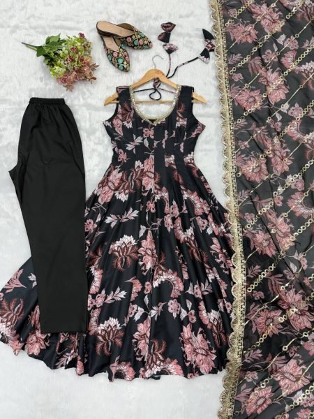 Black Pure Muslin Floral Print Gown Set with Organza Dupatta and Cotton Pant Ready To Wear Collection