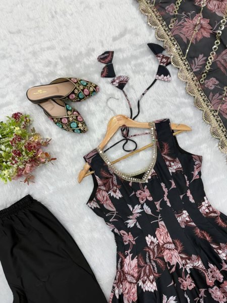 Black Pure Muslin Floral Print Gown Set with Organza Dupatta and Cotton Pant Ready To Wear Collection