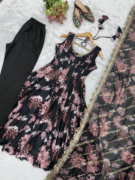 Black Pure Muslin Floral Print Gown Set with Organza Dupatta and Cotton Pant Ready To Wear Collection