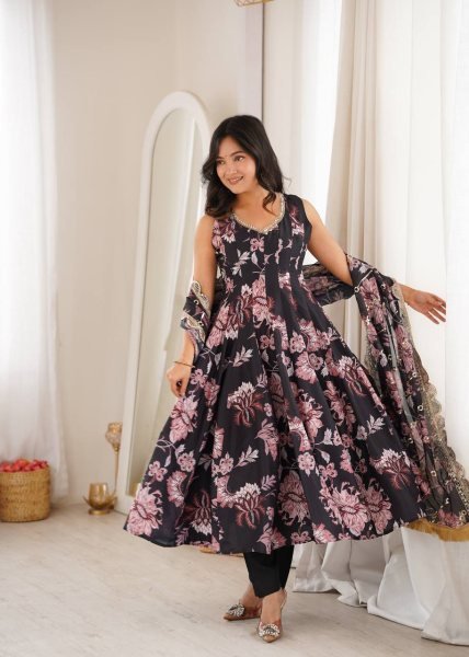 Black Pure Muslin Floral Print Gown Set with Organza Dupatta and Cotton Pant Ready To Wear Collection