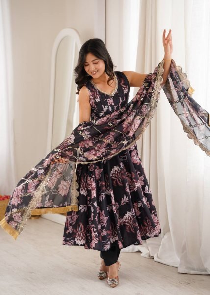 Black Pure Muslin Floral Print Gown Set with Organza Dupatta and Cotton Pant Ready To Wear Collection