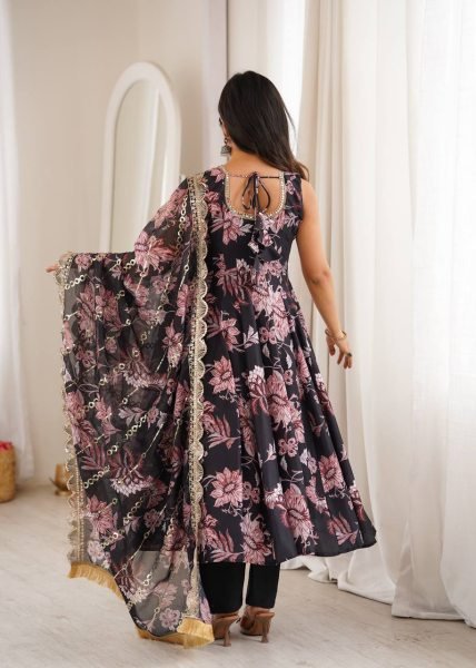 Black Pure Muslin Floral Print Gown Set with Organza Dupatta and Cotton Pant Ready To Wear Collection