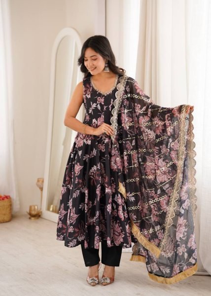 Black Pure Muslin Floral Print Gown Set with Organza Dupatta and Cotton Pant Ready To Wear Collection