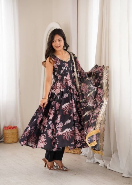 Black Pure Muslin Floral Print Gown Set with Organza Dupatta and Cotton Pant Ready To Wear Collection