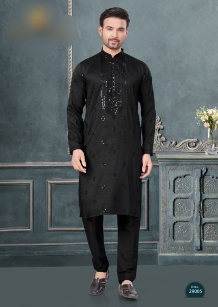 Black Pure Silk Embroidery Kurta Pajama for Men Elegant Festive Collection Kurta Pajama Wholesale