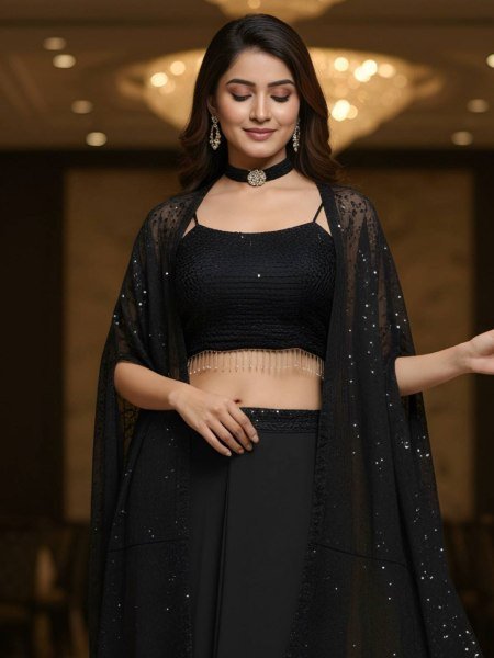 Eyescatch Black Rangoli Silk Cape Plazzo Set with Embroidery Work for Women