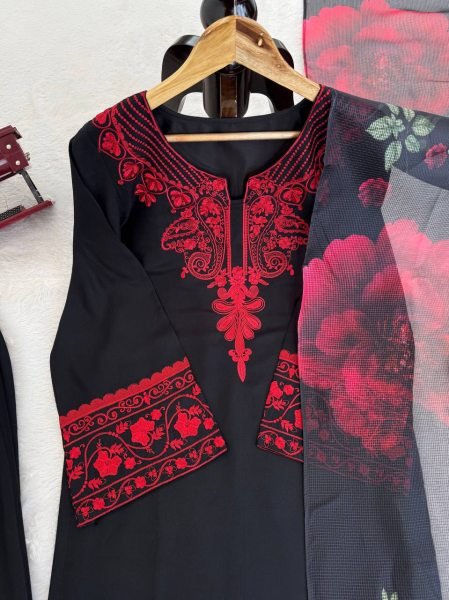 Black Rayon Cotton Casual Wear Suit with Thread Work and Dupatta Ready To Wear Collection