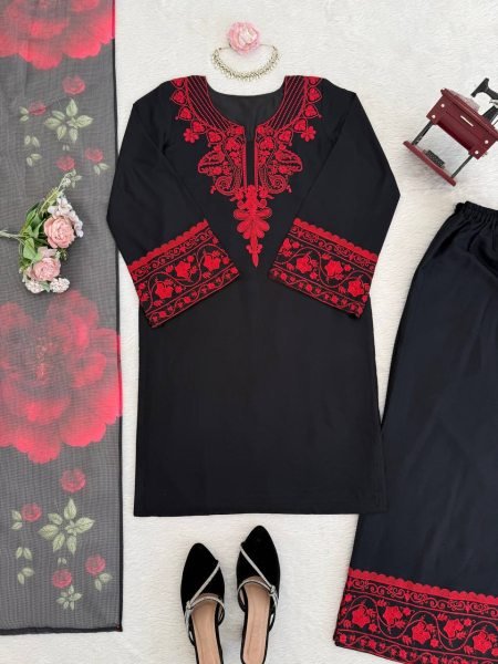 Black Rayon Cotton Casual Wear Suit with Thread Work and Dupatta Ready To Wear Collection