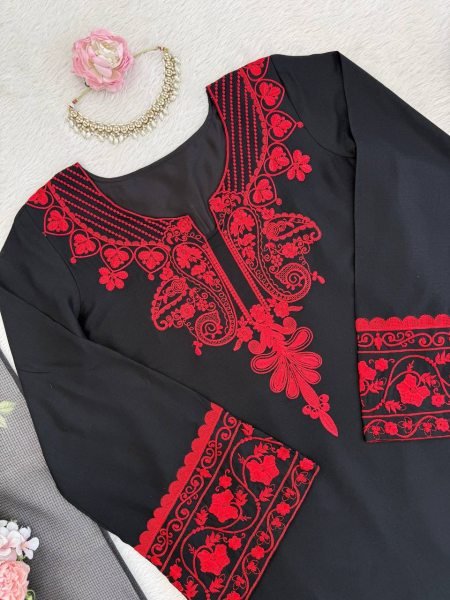 Black Rayon Cotton Casual Wear Suit with Thread Work and Dupatta Ready To Wear Collection