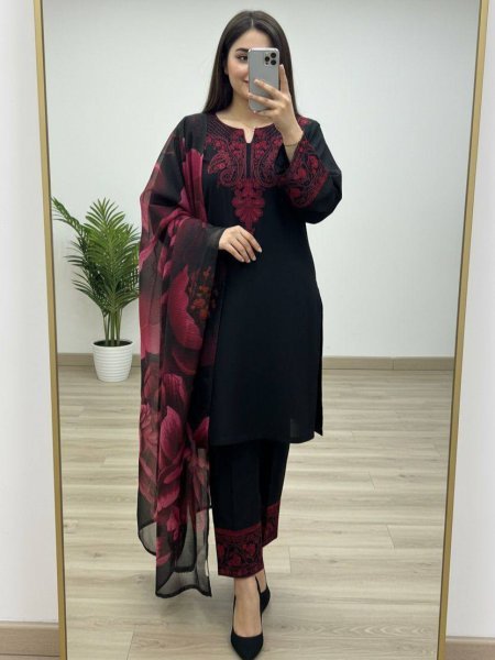 Black Rayon Cotton Casual Wear Suit with Thread Work and Dupatta Ready To Wear Collection