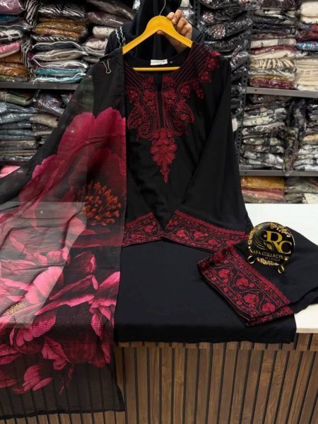 Black Rayon Cotton Casual Wear Suit with Thread Work and Dupatta Ready To Wear Collection