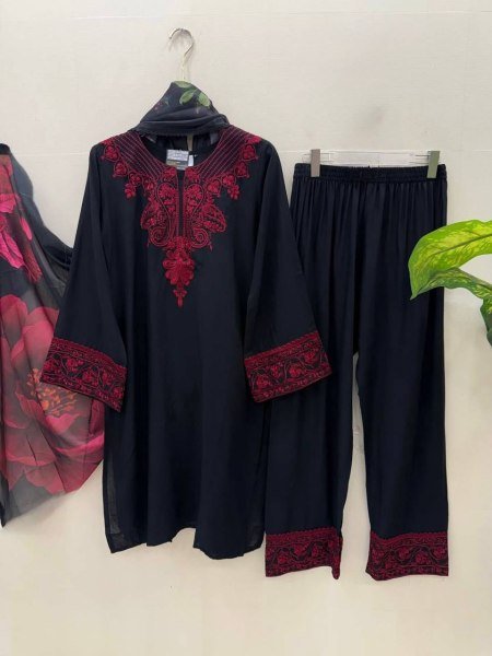 Black Rayon Cotton Casual Wear Suit with Thread Work and Dupatta Ready To Wear Collection